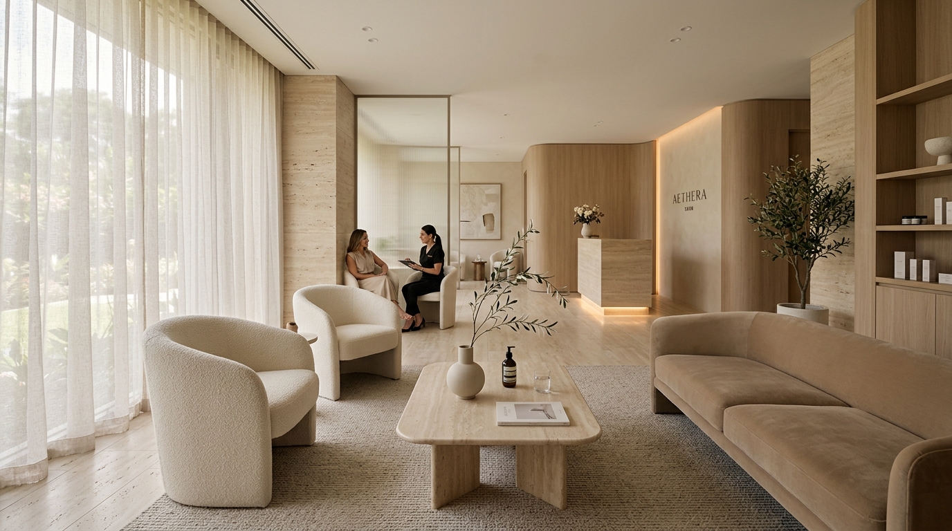 Jaipur Aesthetics Clinic serene lounge interior with natural light and travertine design